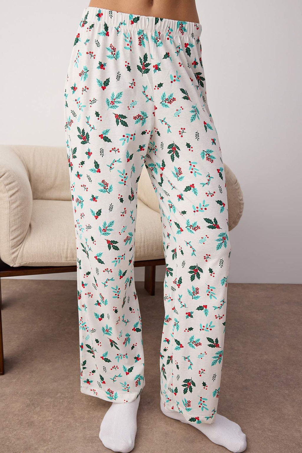 Ekru-Yesil %100 Pamuklu Cicekli Biyeli Orme Pijama Tak?m? THMAW26PT00058 - Trendyolmilla фото 3