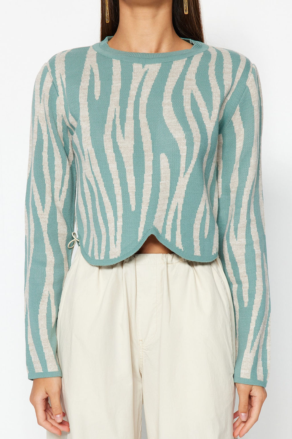 Mint Crop Zebra Desenli Renk Bloklu Triko Kazak TWOAW24KZ00694 - Trendyolmilla фото 4