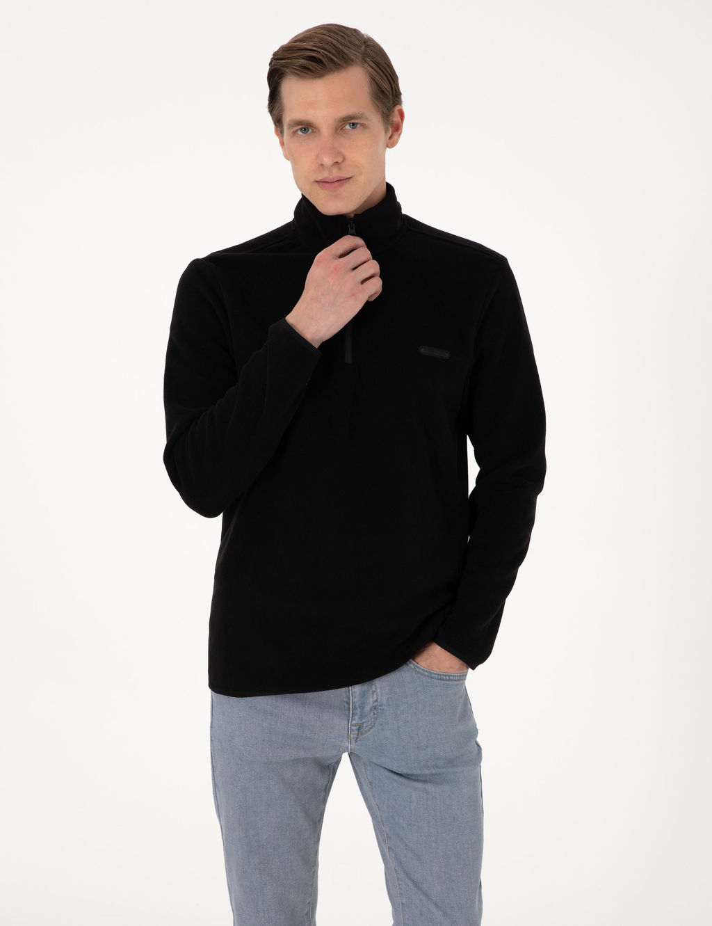 Siyah Regular Fit Yar_m Fermuarl_ Polar Sweatshirt