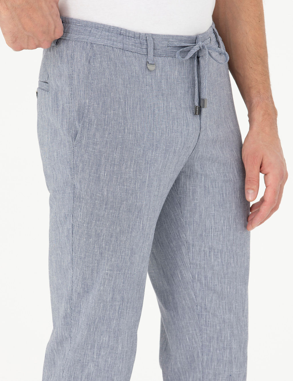 Koyu Mavi Ex. Slim Fit Keten Kar___ml_ Kuma_ Pantolon