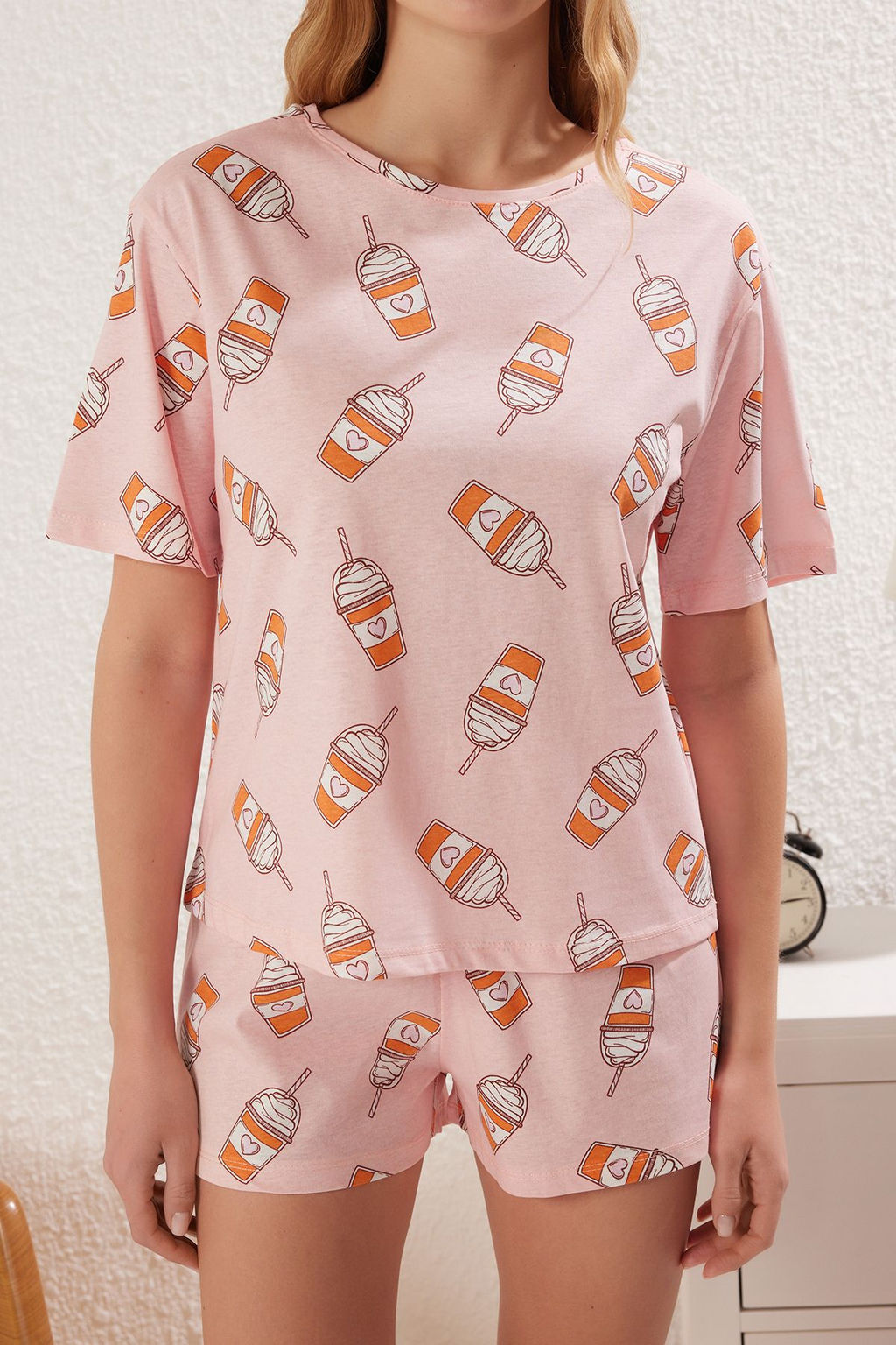 Pembe %100 Pamuklu Eglence Bask?l? Sortlu Orme Pijama Tak?m? THMSS25PT00176