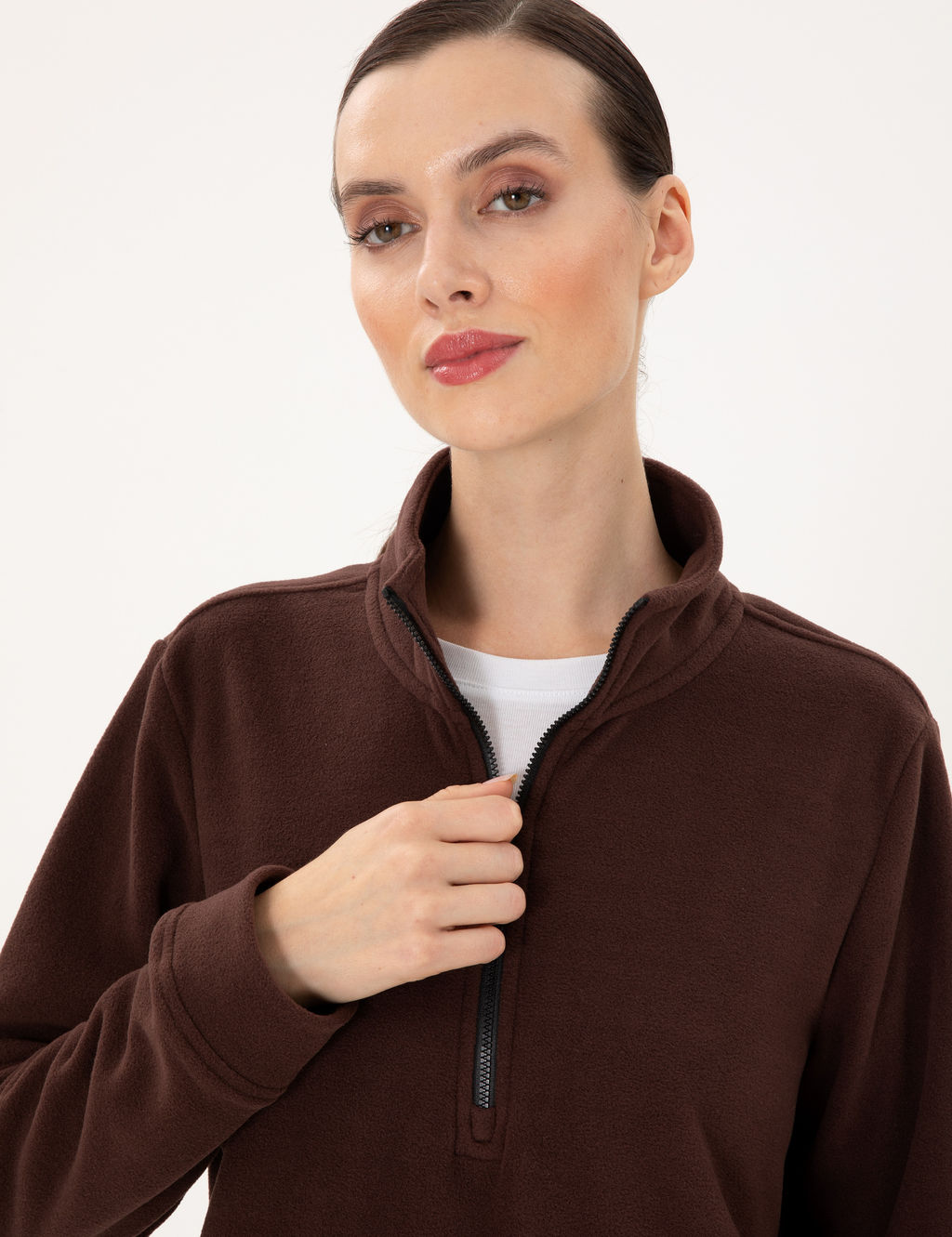 Kahverengi Comfort Fit Fermuarl_ Polar Sweatshirt