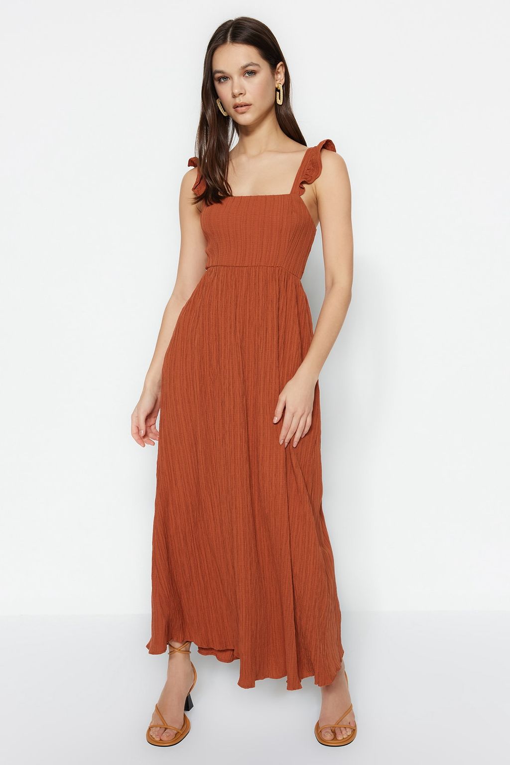 Tarc?n Duz Kesim Kare Yaka F?rf?r Detayl? Maxi Dokuma Elbise TWOSS23EL02273 - Trendyolmilla фото 2