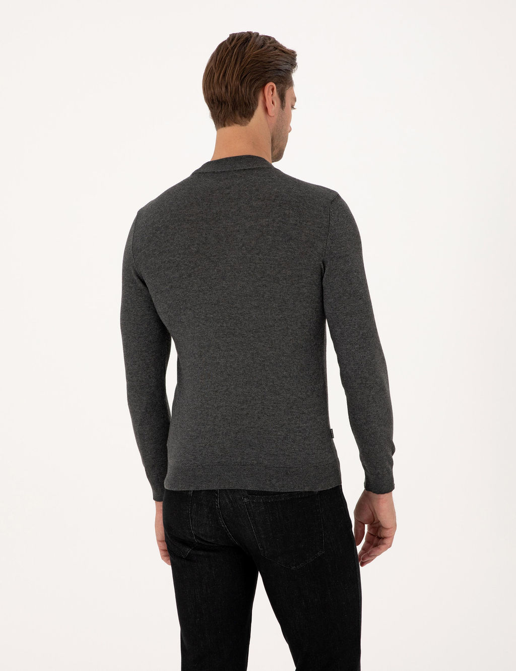 Antrasit Melanj Slim Fit _eyrek Yaka Basic Triko Kazak
