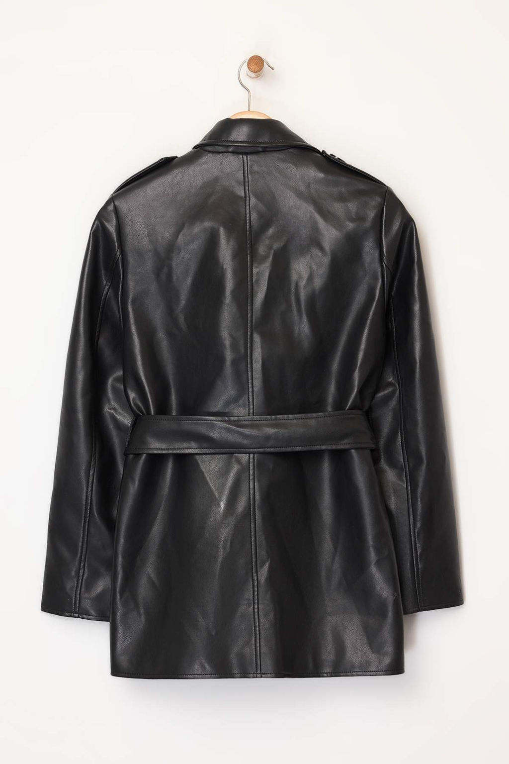 Siyah Suni Deri Kruvaze Regular Midi Trenckot TWOAW26TR00007 - Trendyolmilla фото 6