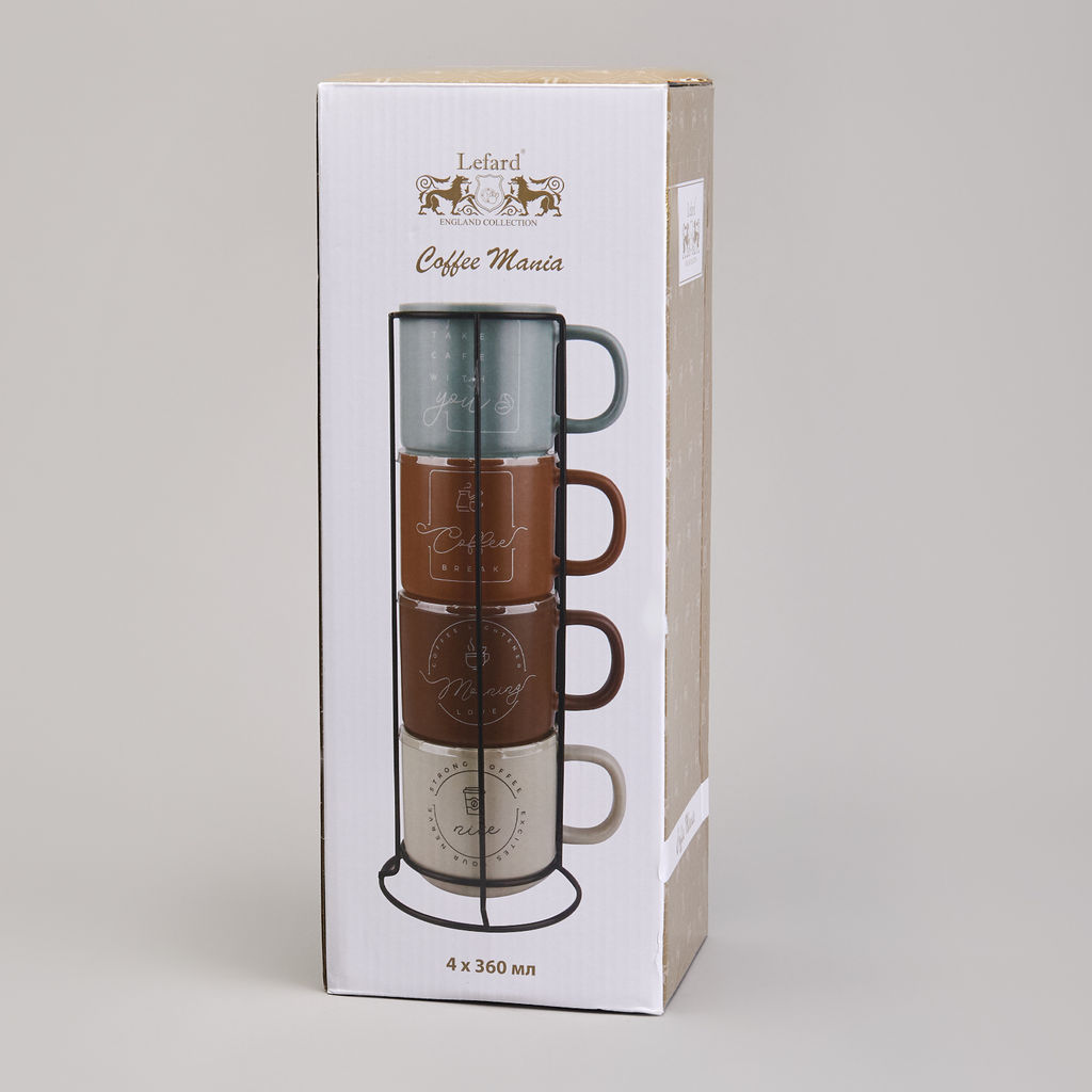 НАБОР КРУЖЕК LEFARD 4ШТ НА МЕТАЛ.ПОДСТАВКЕ 360МЛ  фото 2