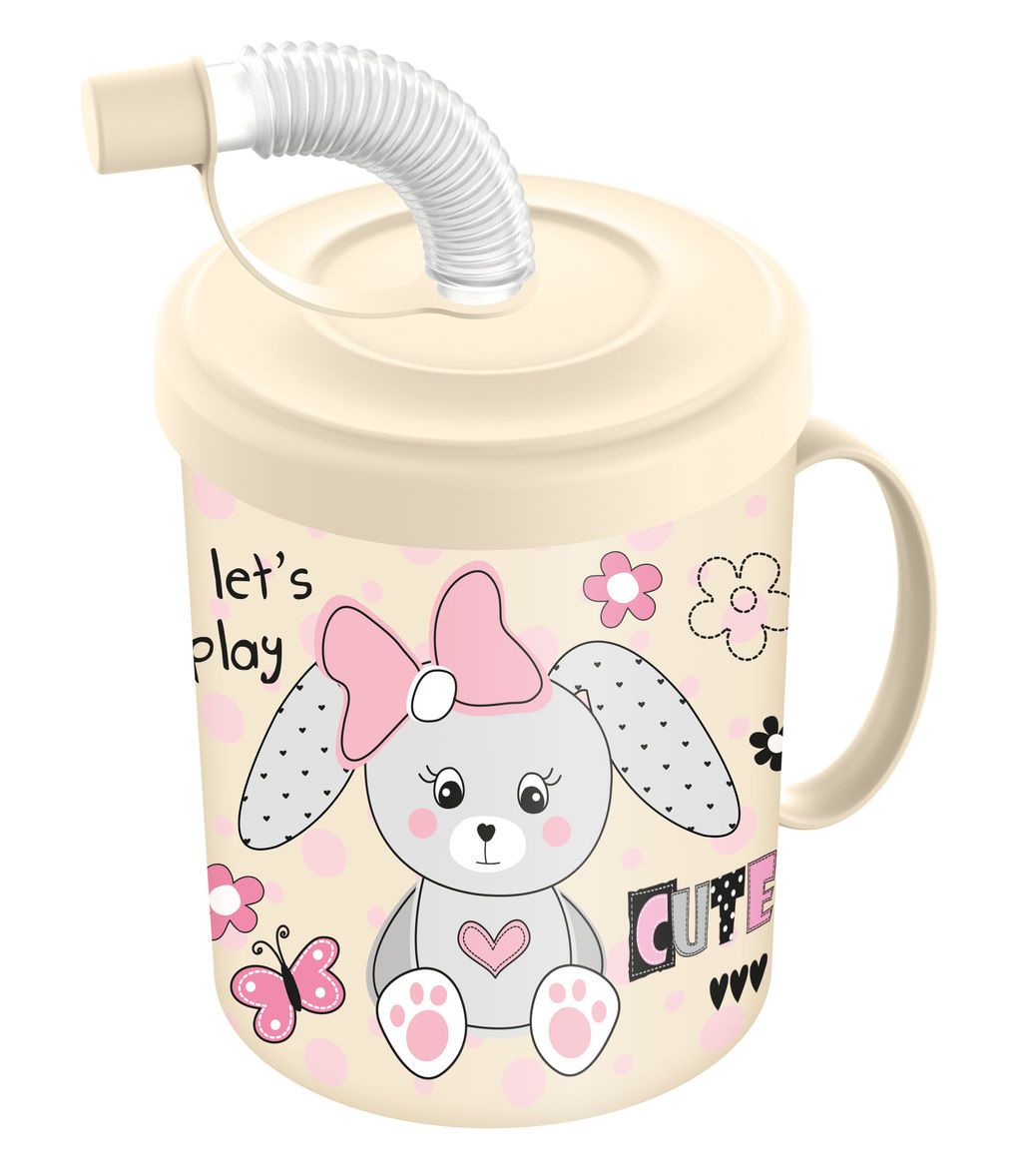 Цена за 2 шт. Кружка детская с крышкой, трубочкой и колпачком 300мл с декором "Зайка" (светло-бежевый)221502825/01