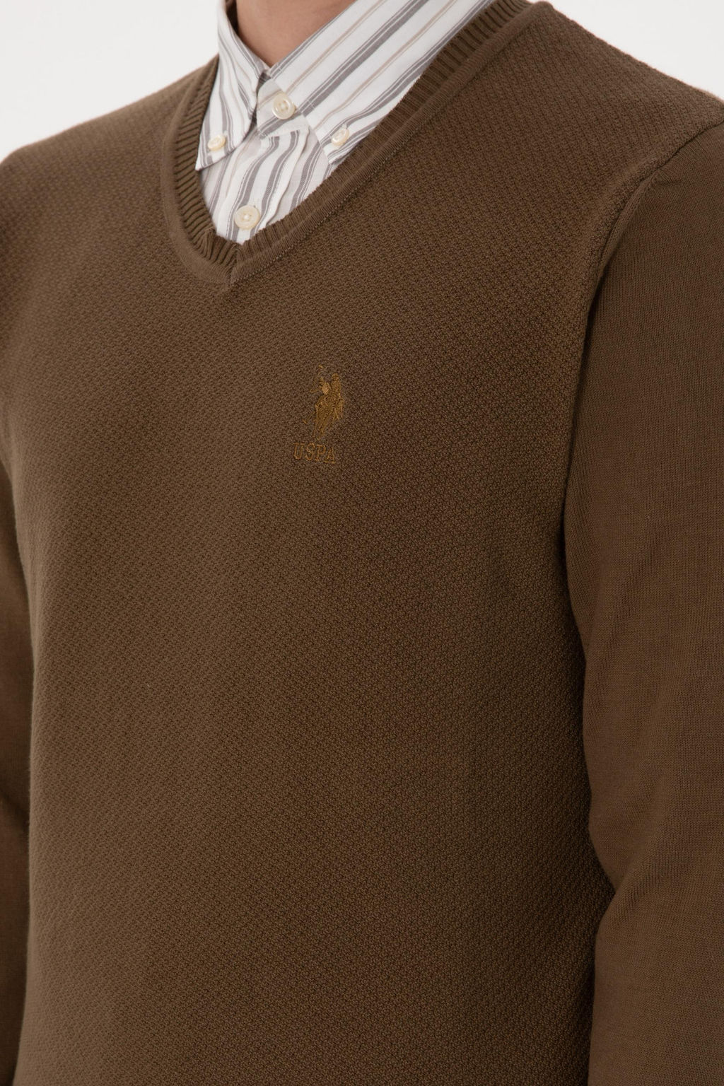 Erkek Slim Fit V Yaka Haki Basic Kazak