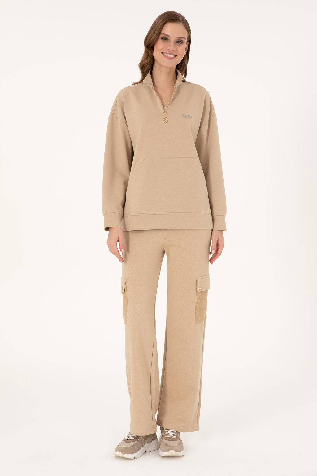 Женский свитшот на молнии с воротником-стойкой песочного цвета Неожиданная скидка в корзине - U.s. polo assn фото 4