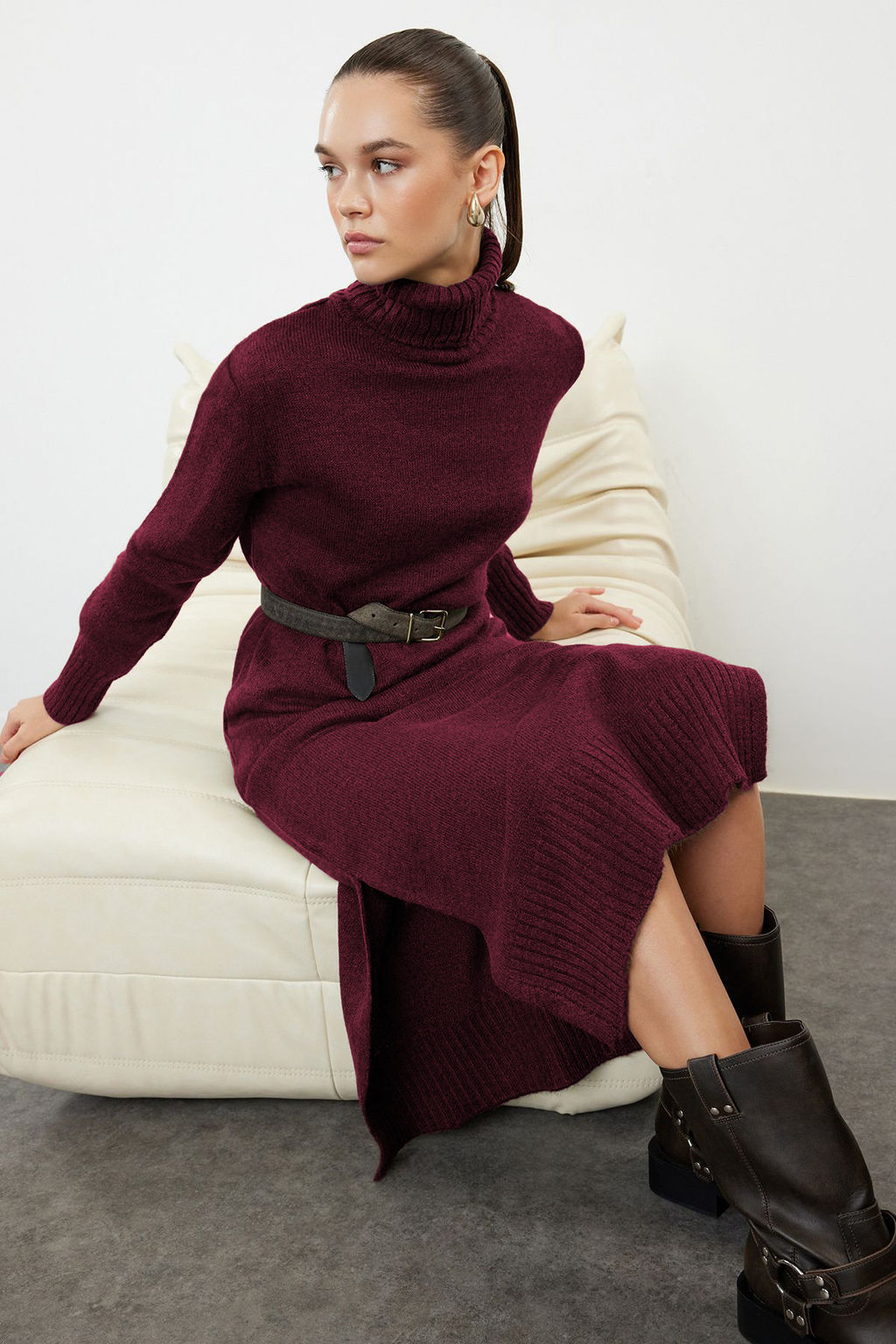 TRENDYOLMILLA Camel Midi Triko Genis Kal?p Yumusak Dokulu Elbise TWOAW24EL00034 фото 57