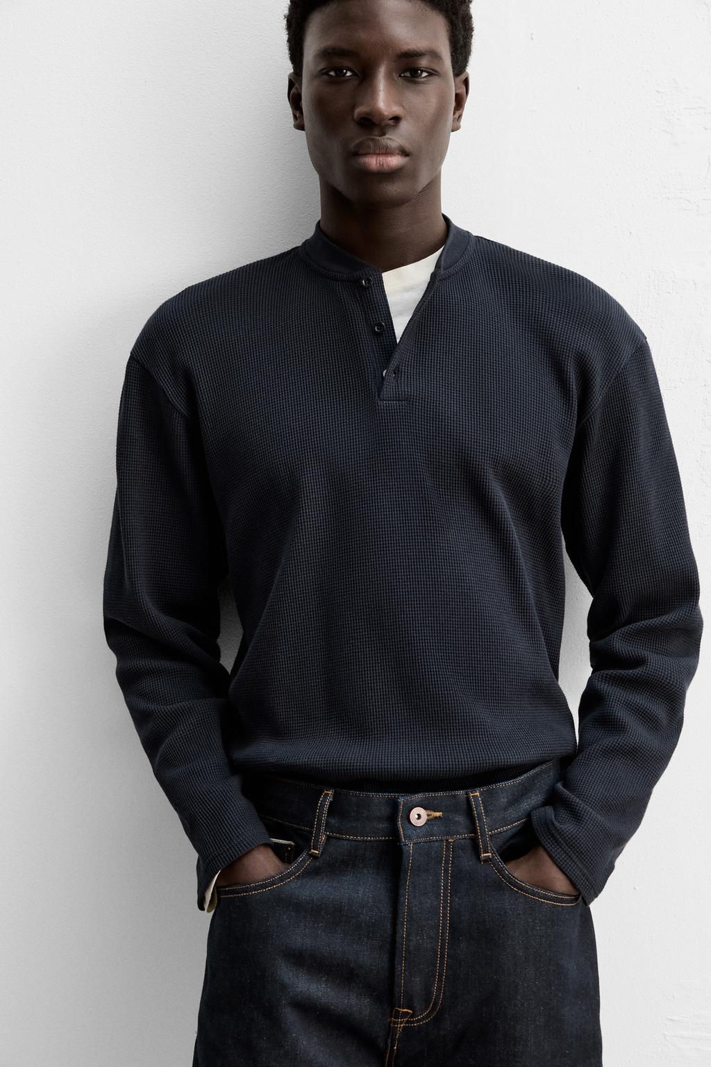 BUTTON NECK CHECK T-SHIRT - Zara фото 5
