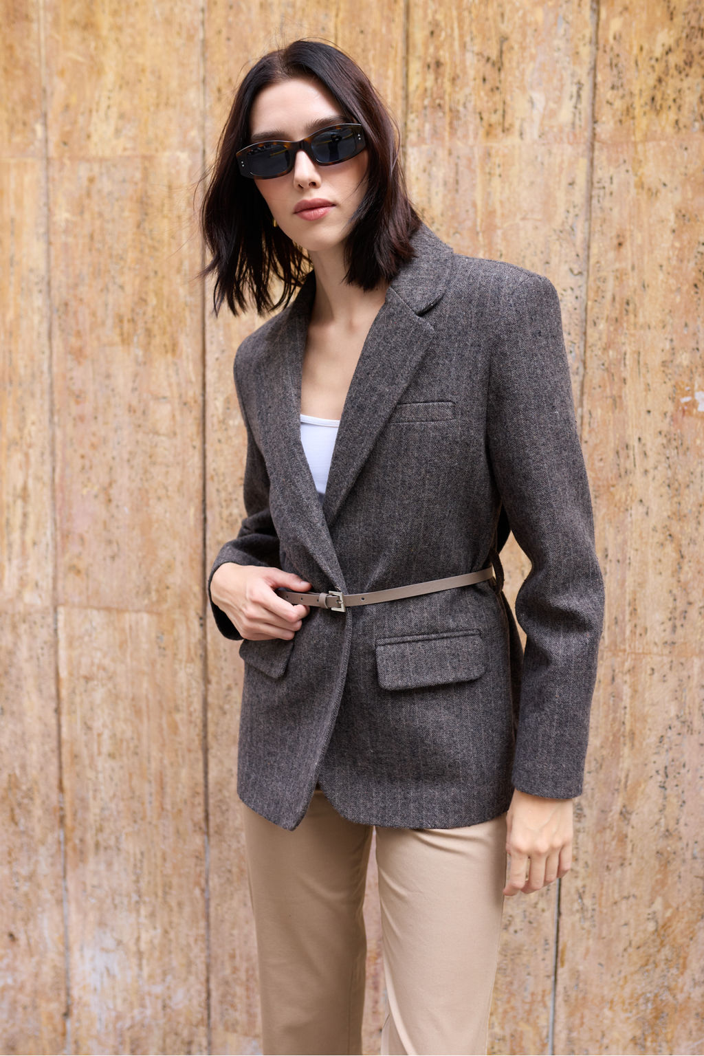 Kahverengi Kase Cizgili Kemerli Dokuma Blazer Ceket TWOAW26BC00072
