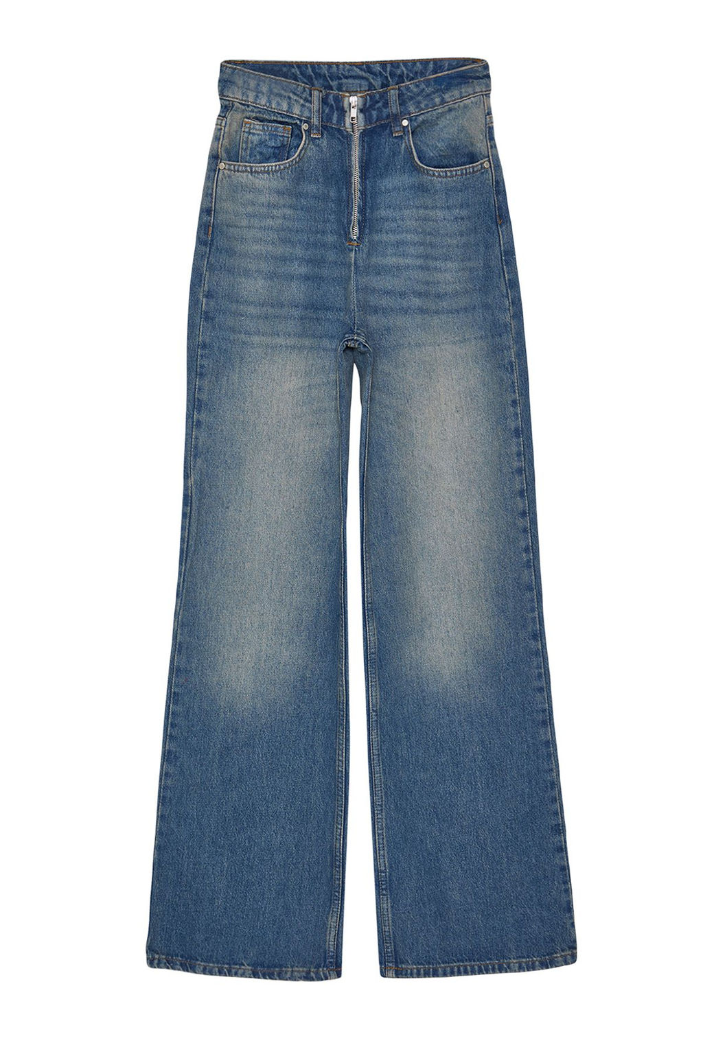 TRENDYOLMILLA Mavi More Sustainable Soluk Efekt Vintage Fermuar Detayl? Yuksek Bel Wide Leg Jeans TWOAW24JE00315