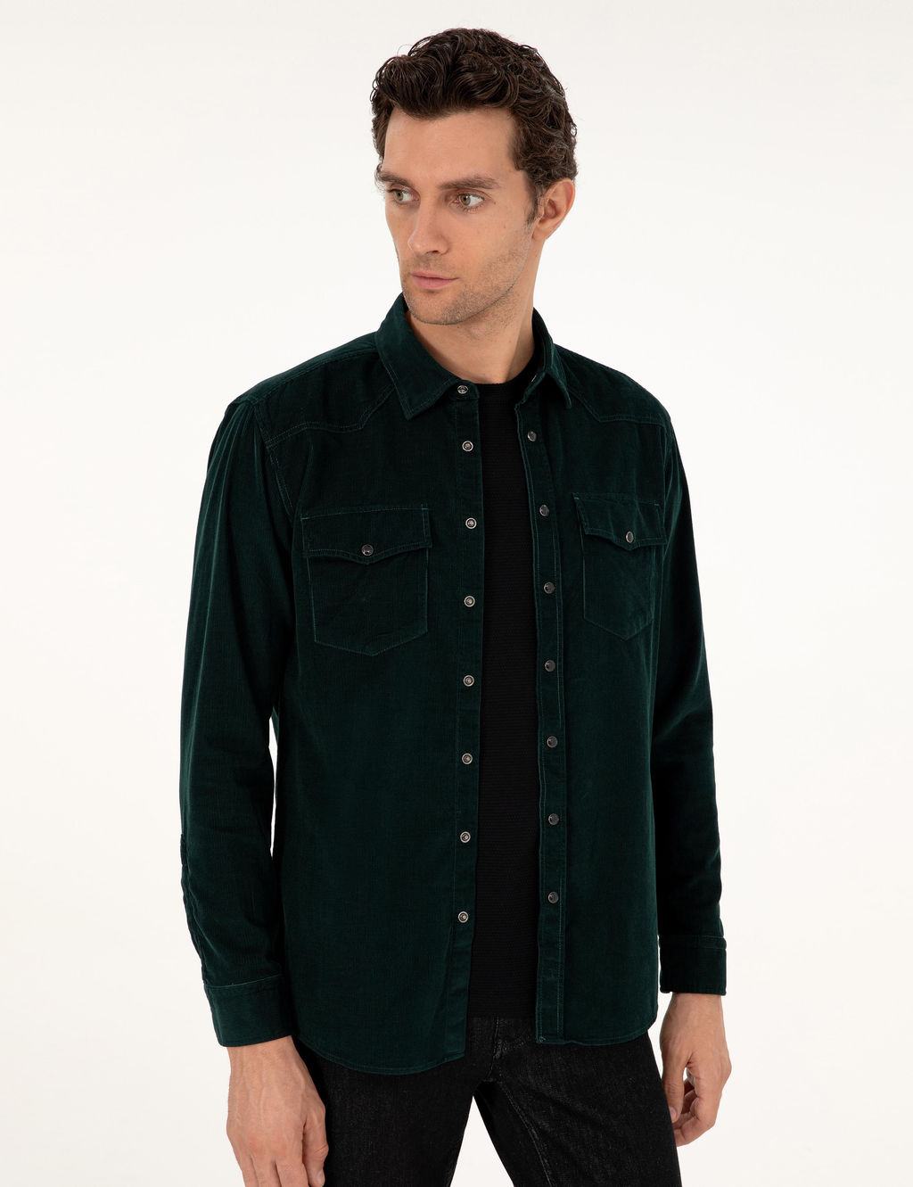 Темно-зеленая бархатная рубашка классического кроя - Cacharel фото 3