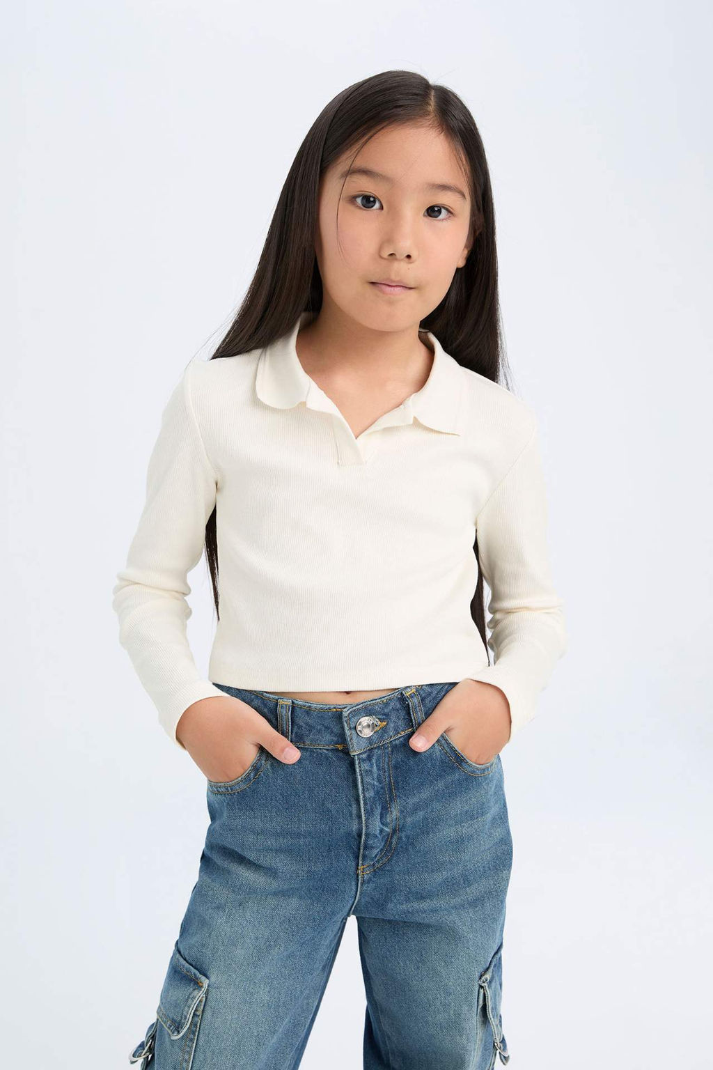 K?z Cocuk Crop Polo Yaka Basic Duz Fitilli Kaskorse Uzun Kollu Tisort - Defacto фото 2