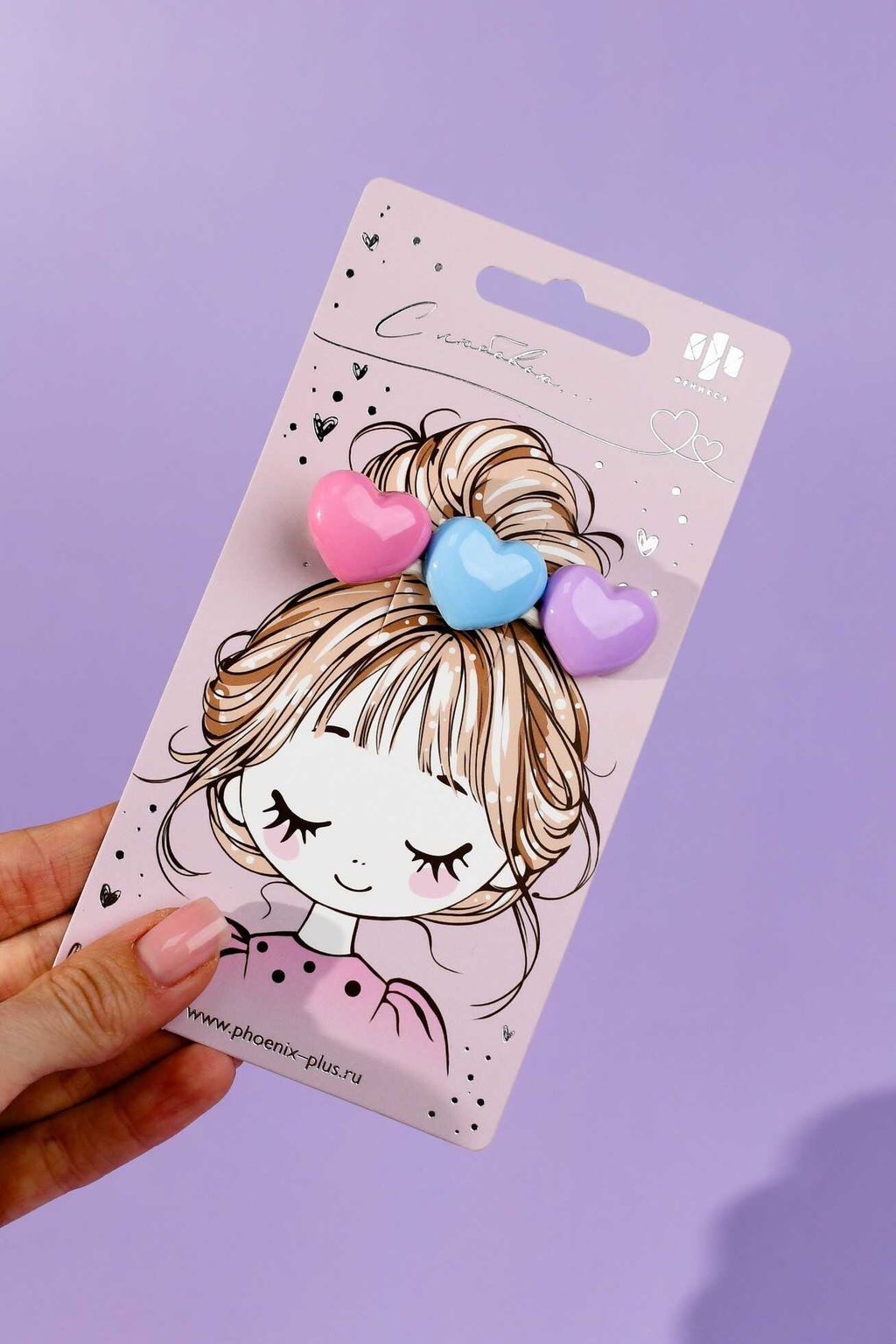 Заколка для волос зажим, арт. 71772 / 10 СЕРДЕЧКИ (в наборе: 1шт., 6,5 см, черный металл, полиэфирная смола, цвет: розовый, фиолетовый, голубой, подложка из мелованного картона + ПЭТ-пакет с европодвесом)