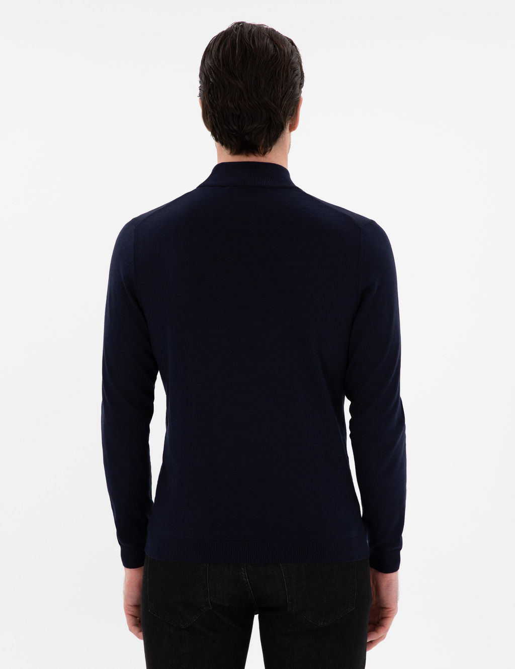 Lacivert Slim Fit Y_n Kar___ml_ Yar_m Bal_k__ Yaka Basic Triko Kazak