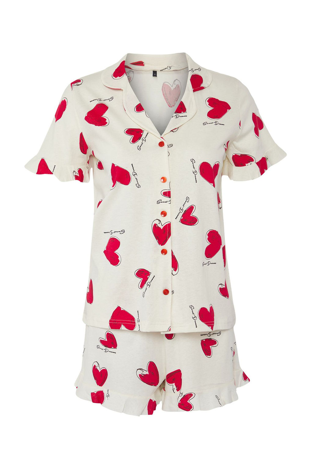 Trendyolmilla Ekru %100 Pamuklu Kalpli Volanl? Sortlu Orme Pijama Tak?m? THMSS25PT00336  фото 5