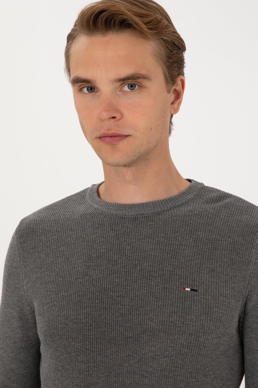 Erkek Slim Fit Bisiklet Yaka Gri Melanj Basic Kazak - U.s. polo assn фото 2