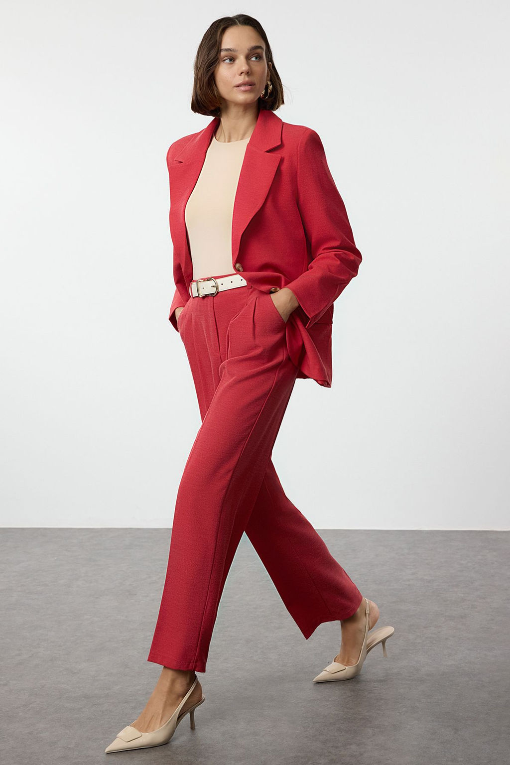 Limited Edition Kiremit Straight/Duz Kesim Pilili Kumas Dokuma Pantolon TWOAW23PL00401