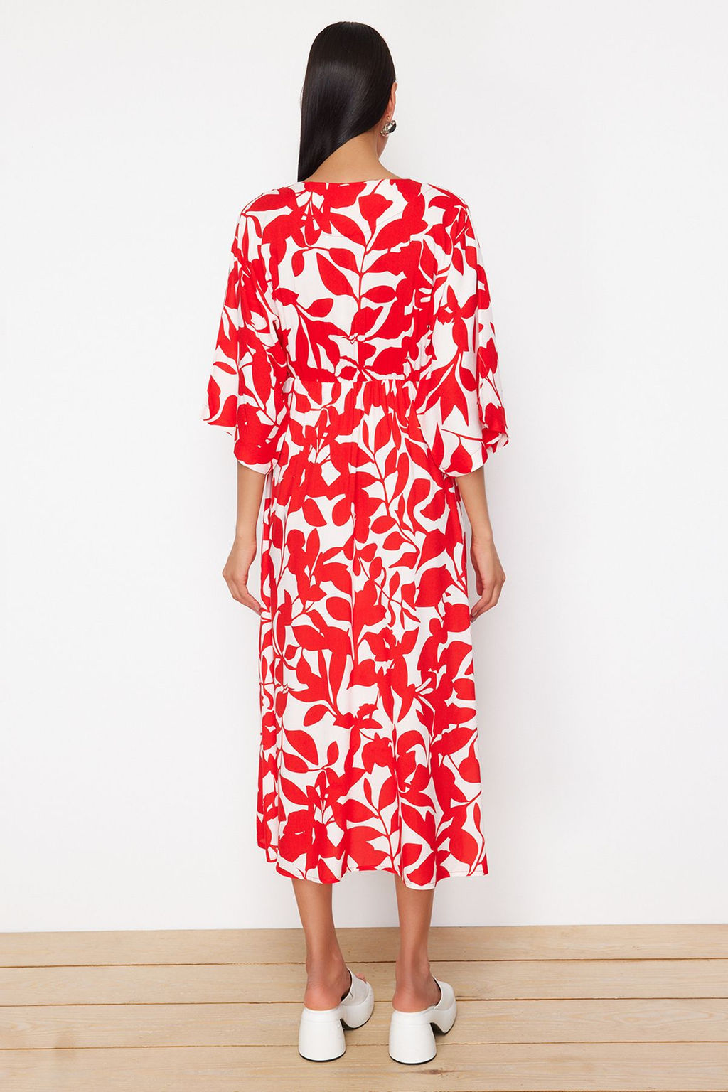 K?rm?z? Sal Desen A Kesim Kruvaze Yaka Midi Dokuma Elbise DWOSS24EL00913