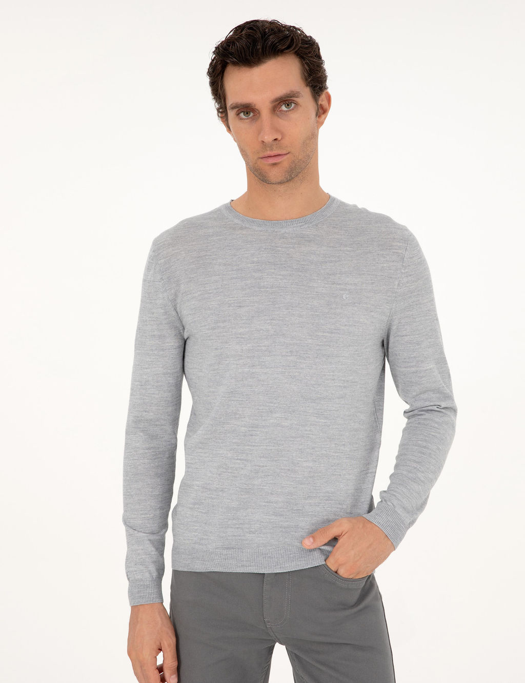 A__k Gri Slim Fit Bisiklet Yaka Y_n Kar___ml_ Basic Triko Kazak