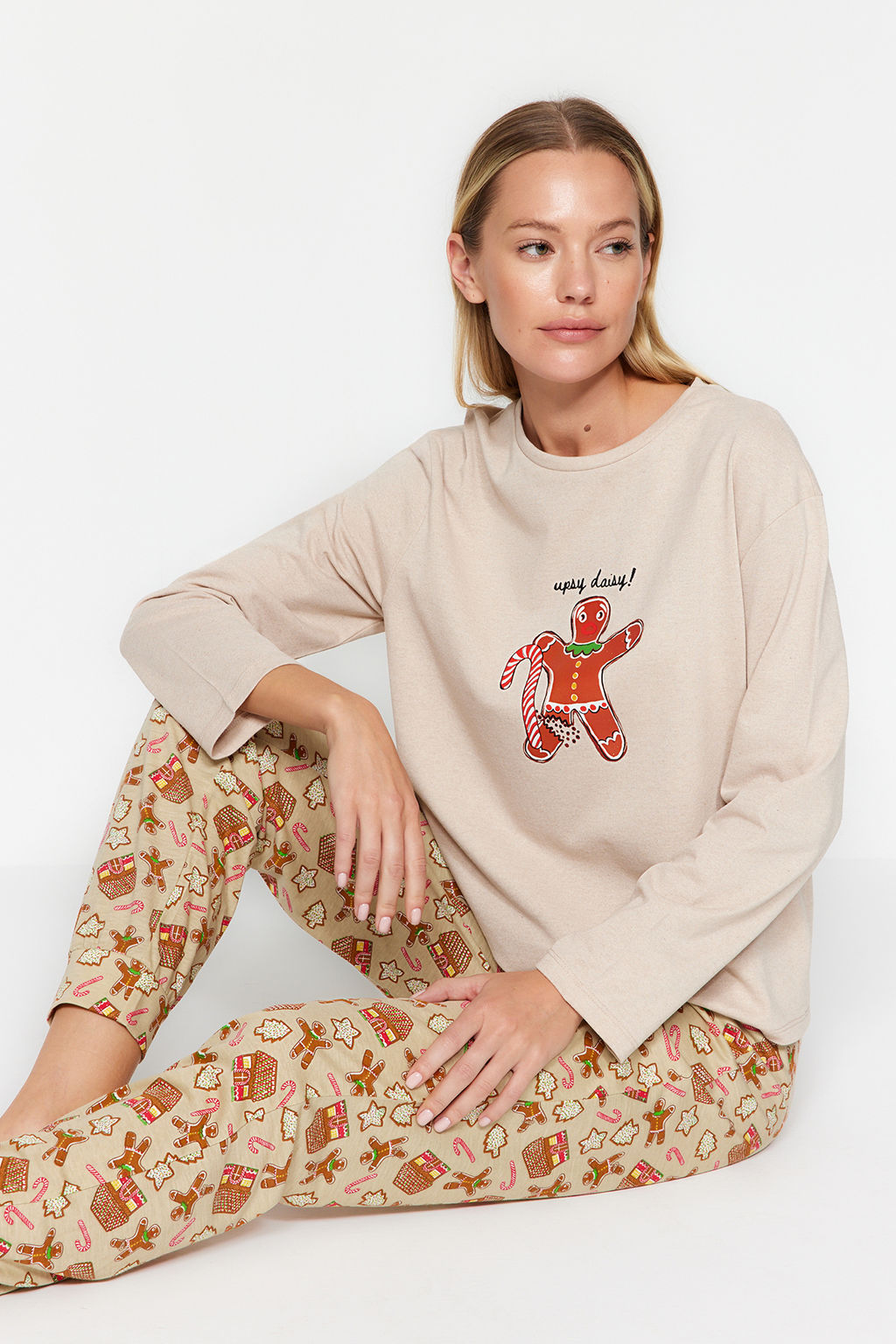 Trendyolmilla Yesil %100 Pamuklu Y?lbas? Temal? Orme Pijama Tak?m? THMAW24PT00061  фото 2