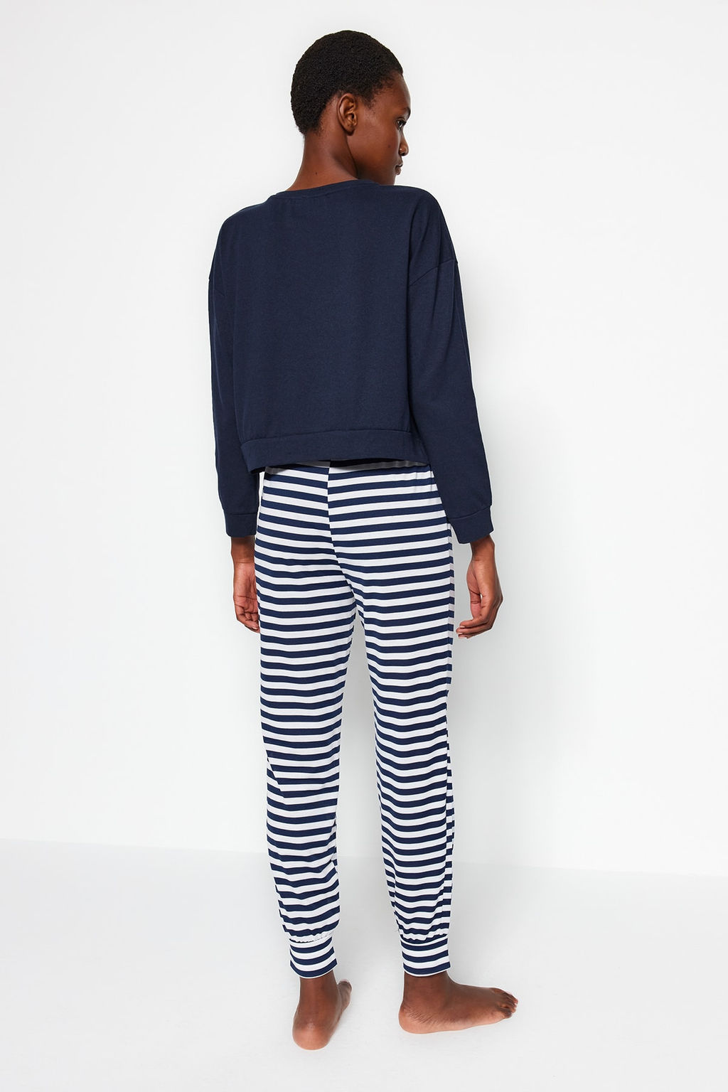 Trendyolmilla Lacivert %100 Pamuklu Ay?c?kl? Orme Pijama Tak?m? THMAW21PT0302