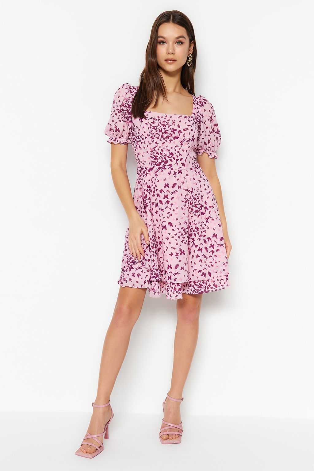 Pembe Desenli Belden Ac?lan Mini Astarl? Sifon Dokuma Elbise TWOSS23EL01171