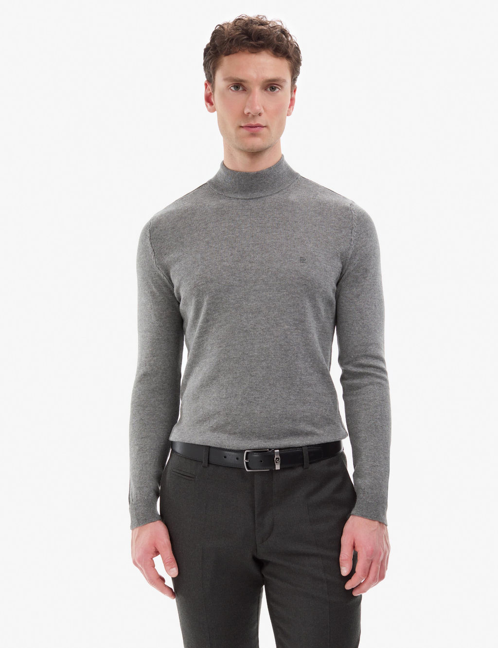 Gri Melanj Slim Fit Yar_m Bal_k__ Yaka Basic Triko Kazak