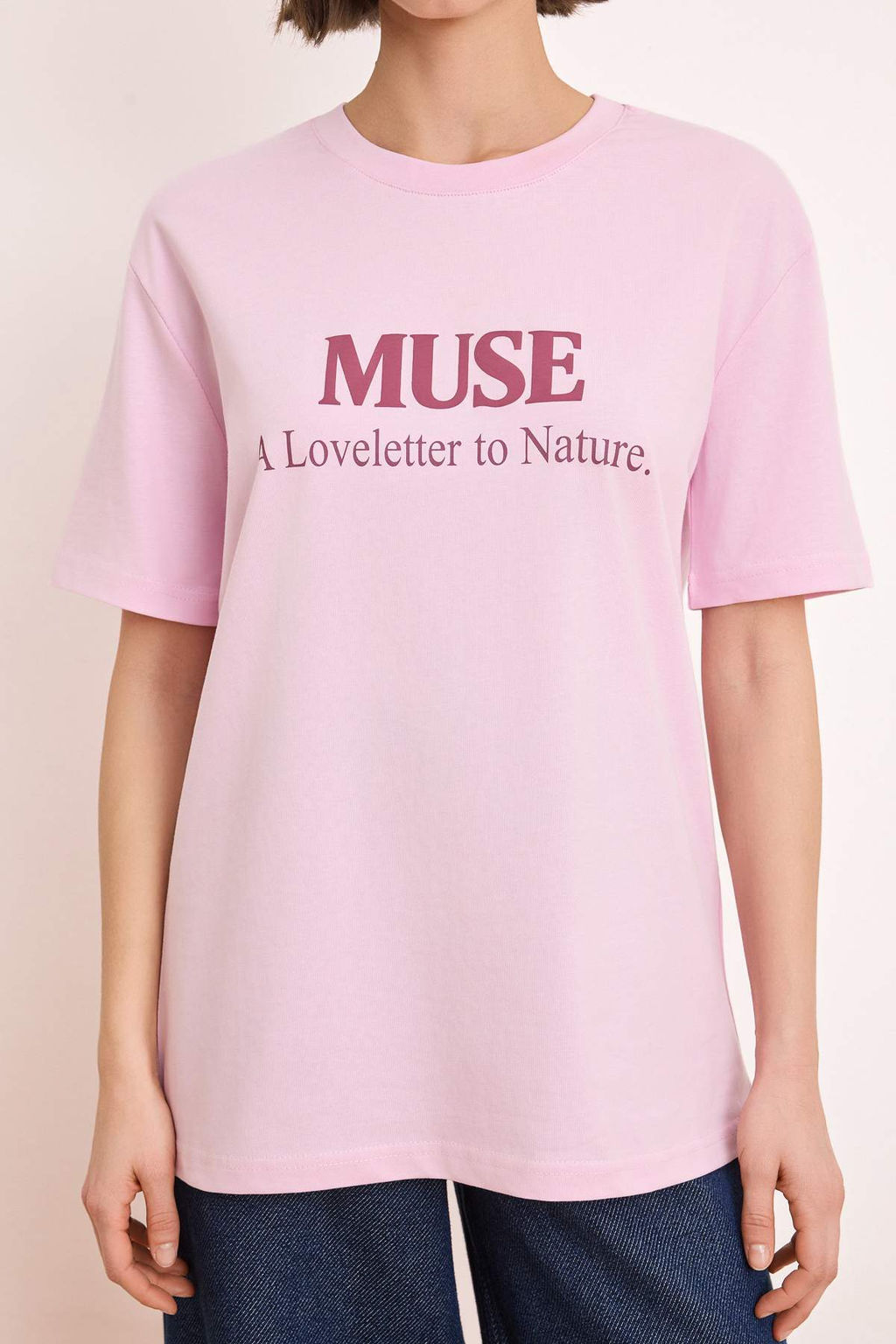 Pembe Slogan Oversize/Genis Kal?p Dusuk Kol K?sa Kollu %100 Pamuk Orme T-Shirt TWOSS26TS00190 - Trendyolmilla фото 3
