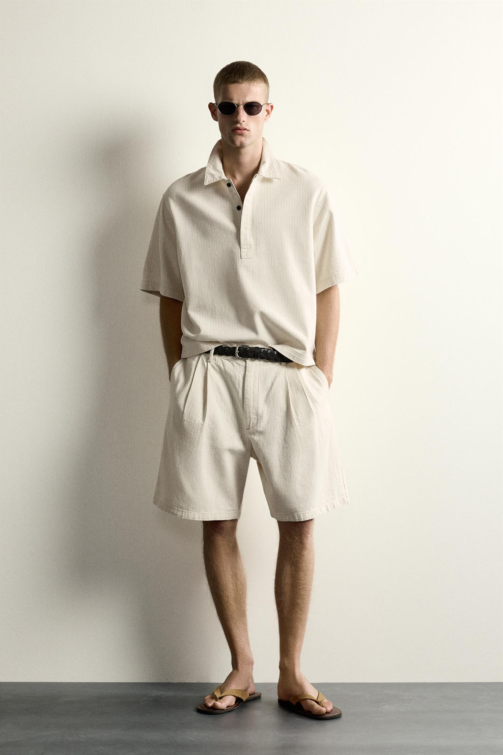 CAMISA POLO BOXY FIT RAYAS / Crudo