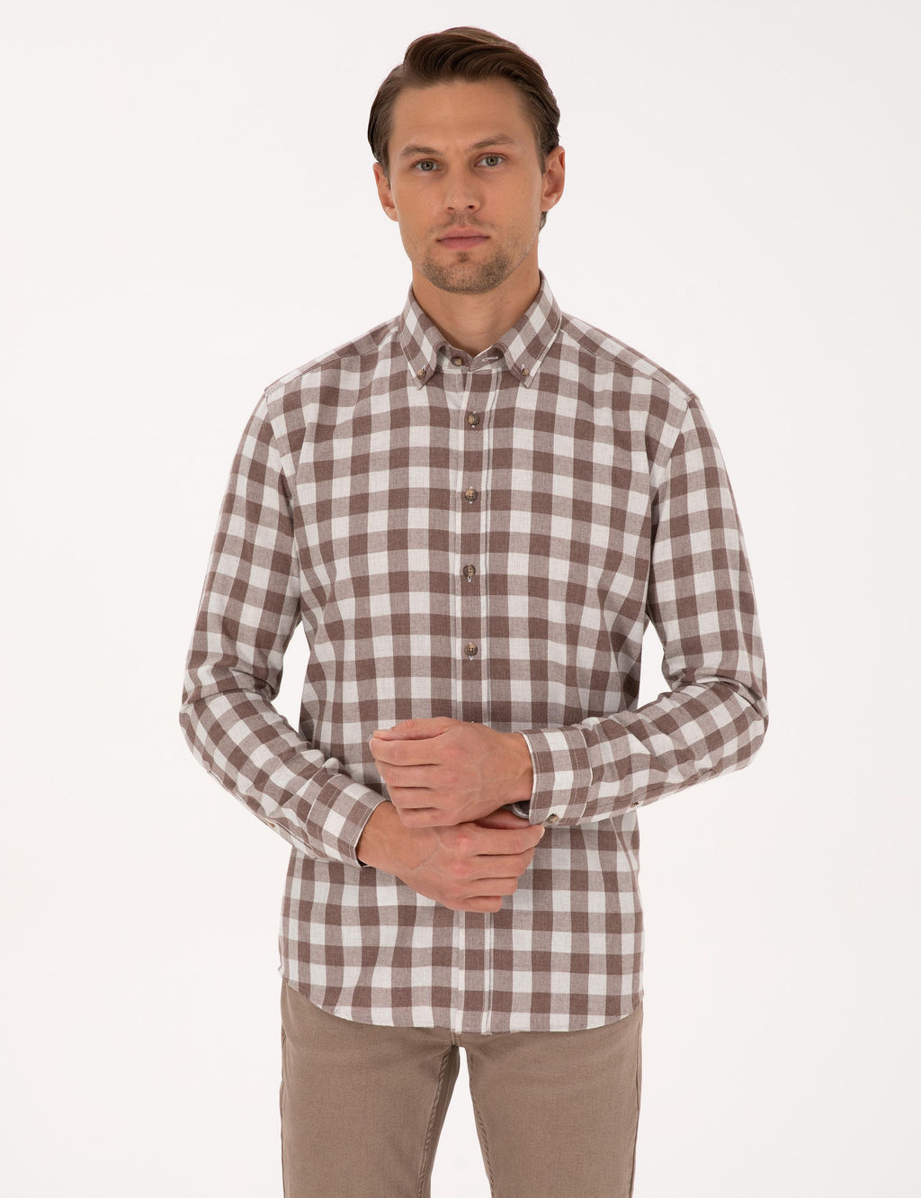 Рубашка Pierre Cardin Regular Fit в клетку коричневая