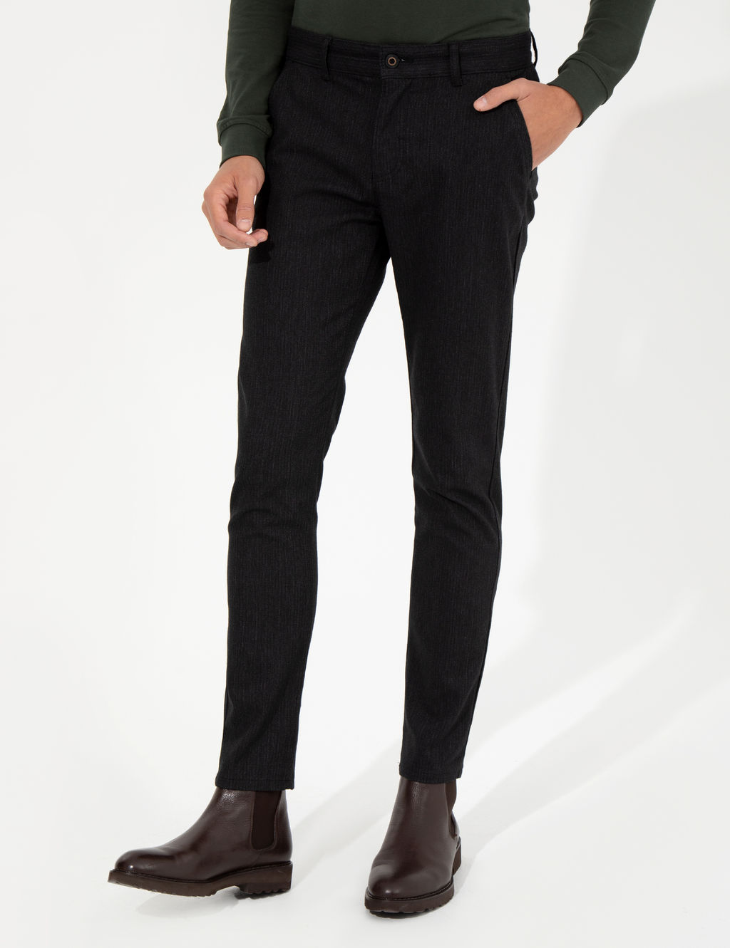 Siyah Slim Fit Keten Kar___ml_ Chino Pantolon