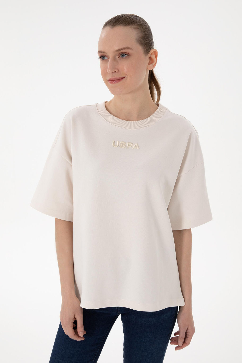 Kad_n Krem Oversize Bisiklet Yaka Ti__rt