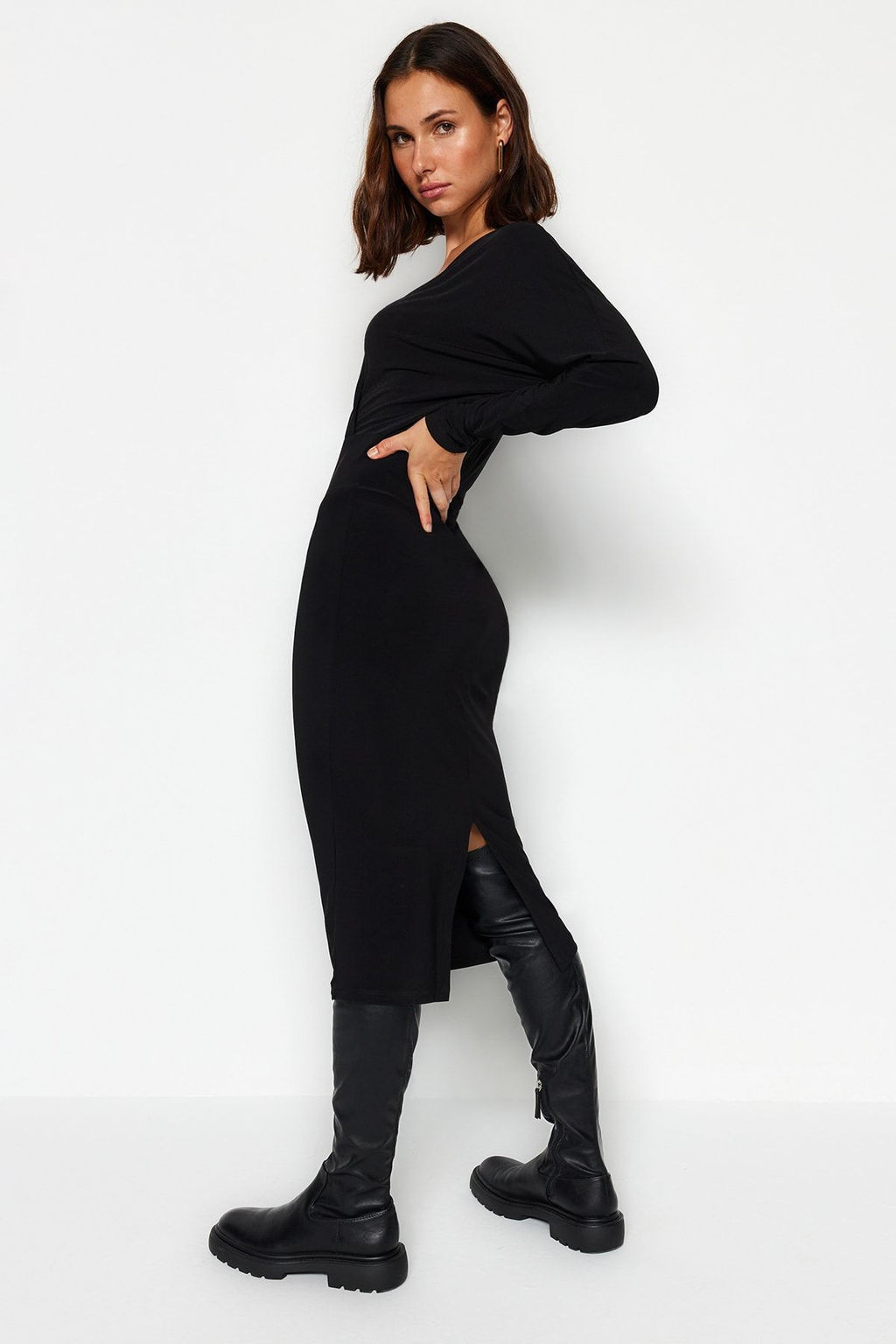 TRENDYOLMILLA Mor Yarasa Kol Detayl? Fitted/Vucuda Oturan Esnek Midi Orme Elbise TWOAW24EL00198  фото 7