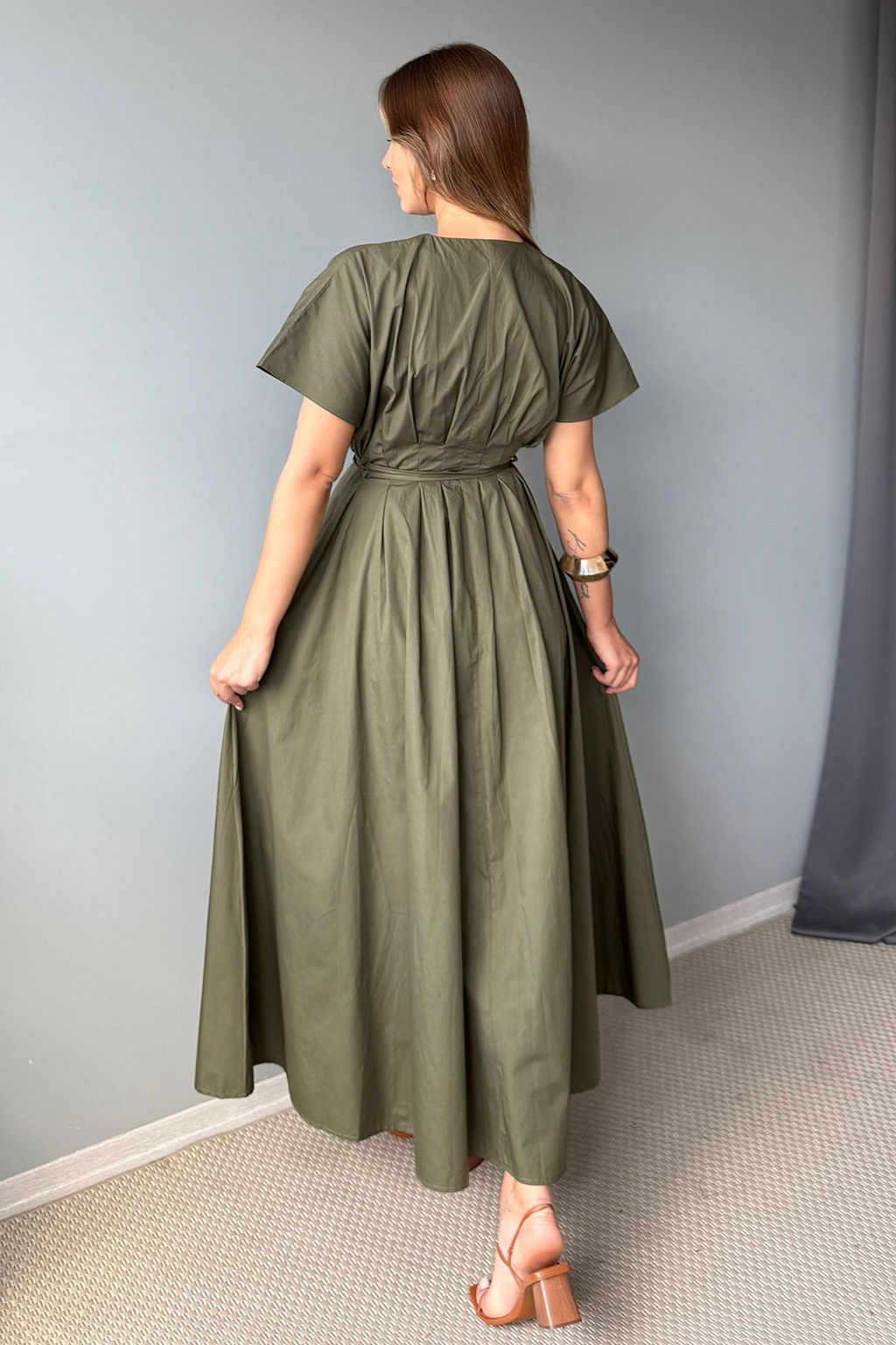 Haki Belden Baglama Detayl? Midi Poplin Dokuma Elbise TWOSS25EL00925 - Trendyolmilla фото 4