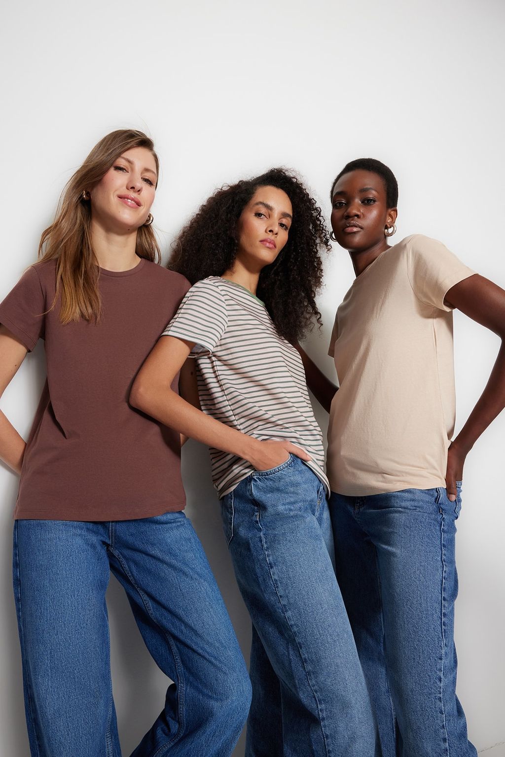 Kahverengi-Bej-Haki Cizgili 3lu Paket Basic Bisiklet Yaka Orme T-Shirt TWOSS20TS0146