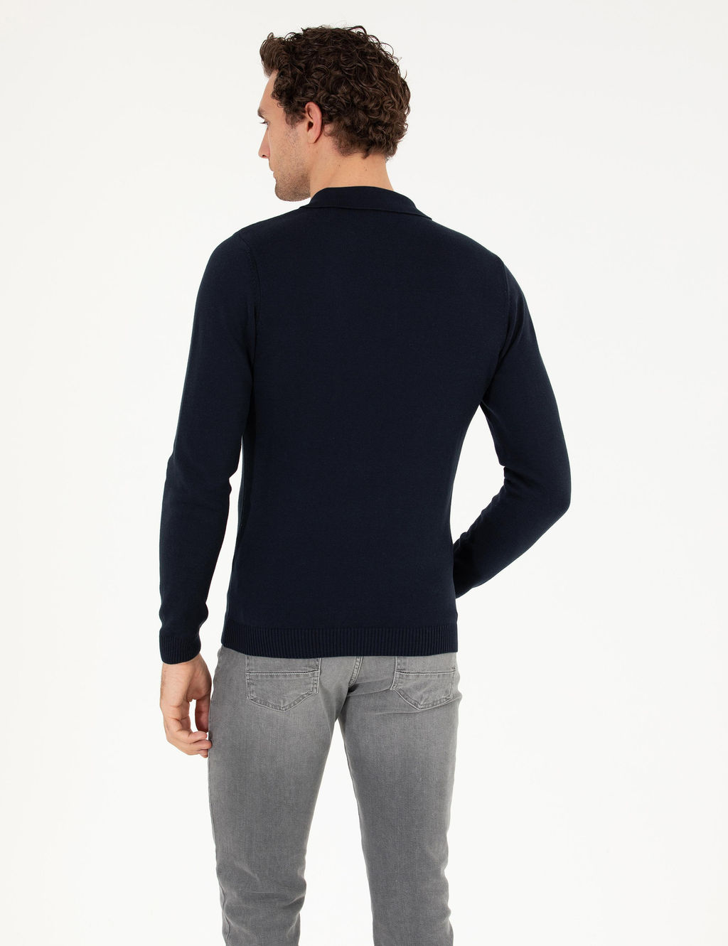 Базовый трикотажный свитер узкого кроя темно-синего цвета с воротником-поло - Cacharel фото 12