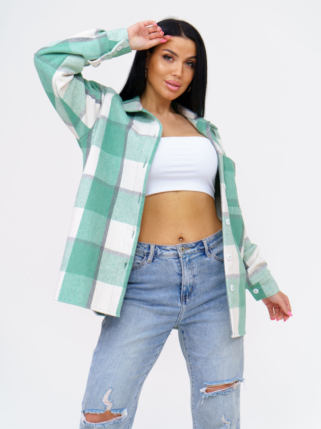 930 Туника-Рубашка "Клетка салатовая"