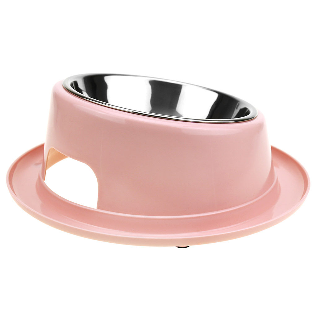 Миска для кормления животных из нержавеющей стали Шляпа 0,4л, д14см h3,4см, пластмассовая подставка д22х8-6см, скошенная, цвета микс (Китай) - Pet toys фото 2