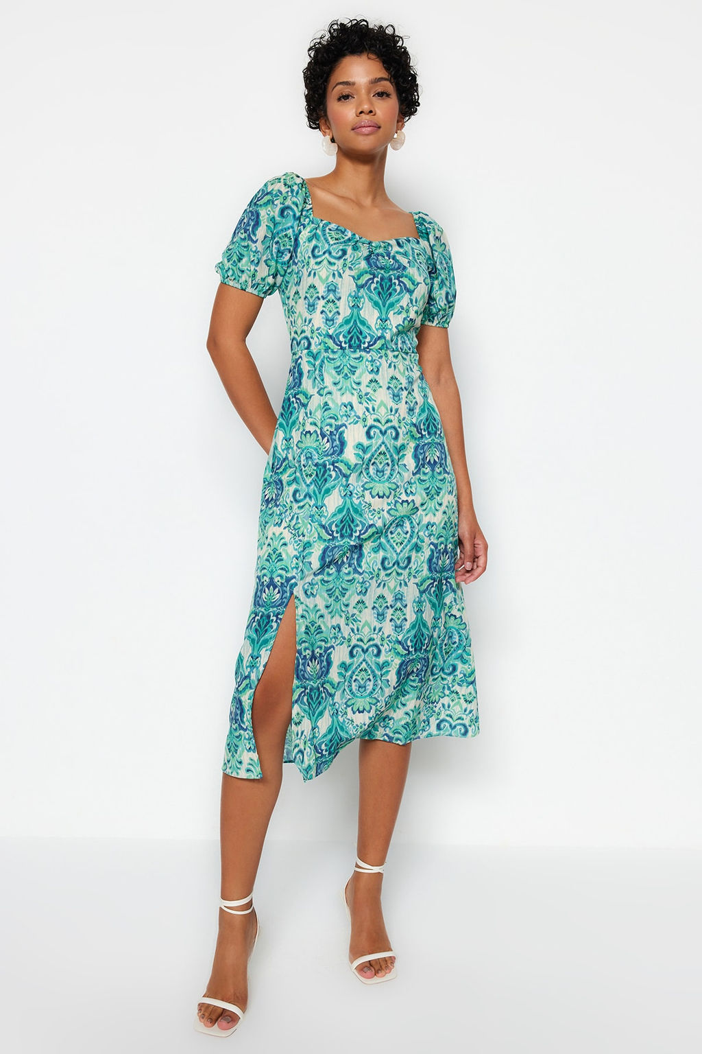 Yesil Etnik Desenli A-Kesim Kare Yaka Y?rtmacl? Midi Dokuma Elbise TWOSS23EL01846 - Trendyolmilla фото 3