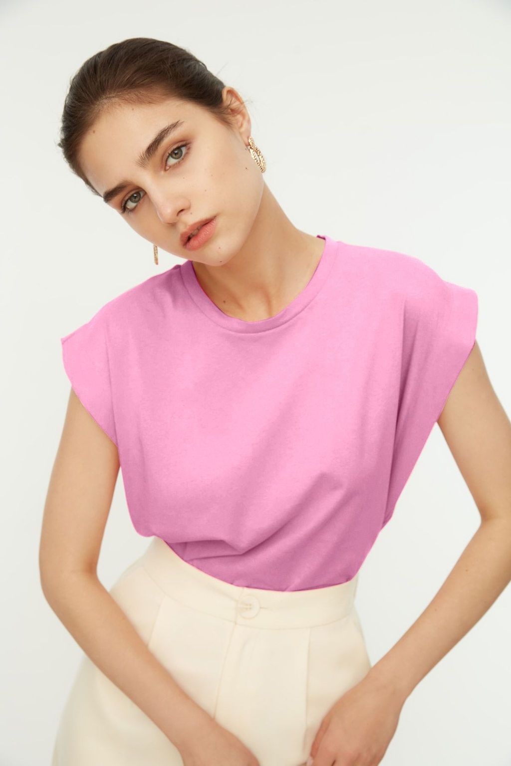 Pembe %100 Pamuk Vatka Gorunumlu Basic Bisiklet Yaka Orme T-Shirt TWOSS20TS0021