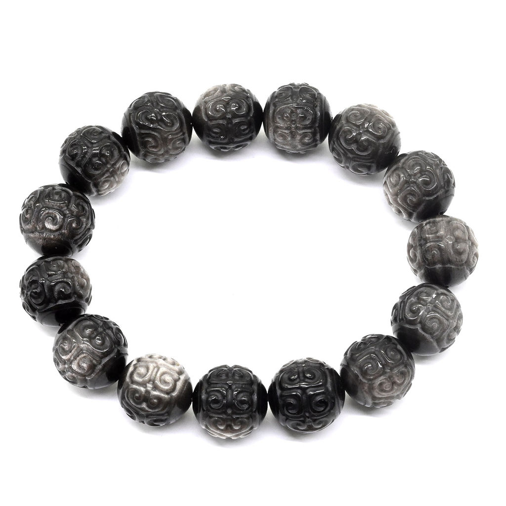 Браслет из Обсидиана шарик резной 14мм, 55г