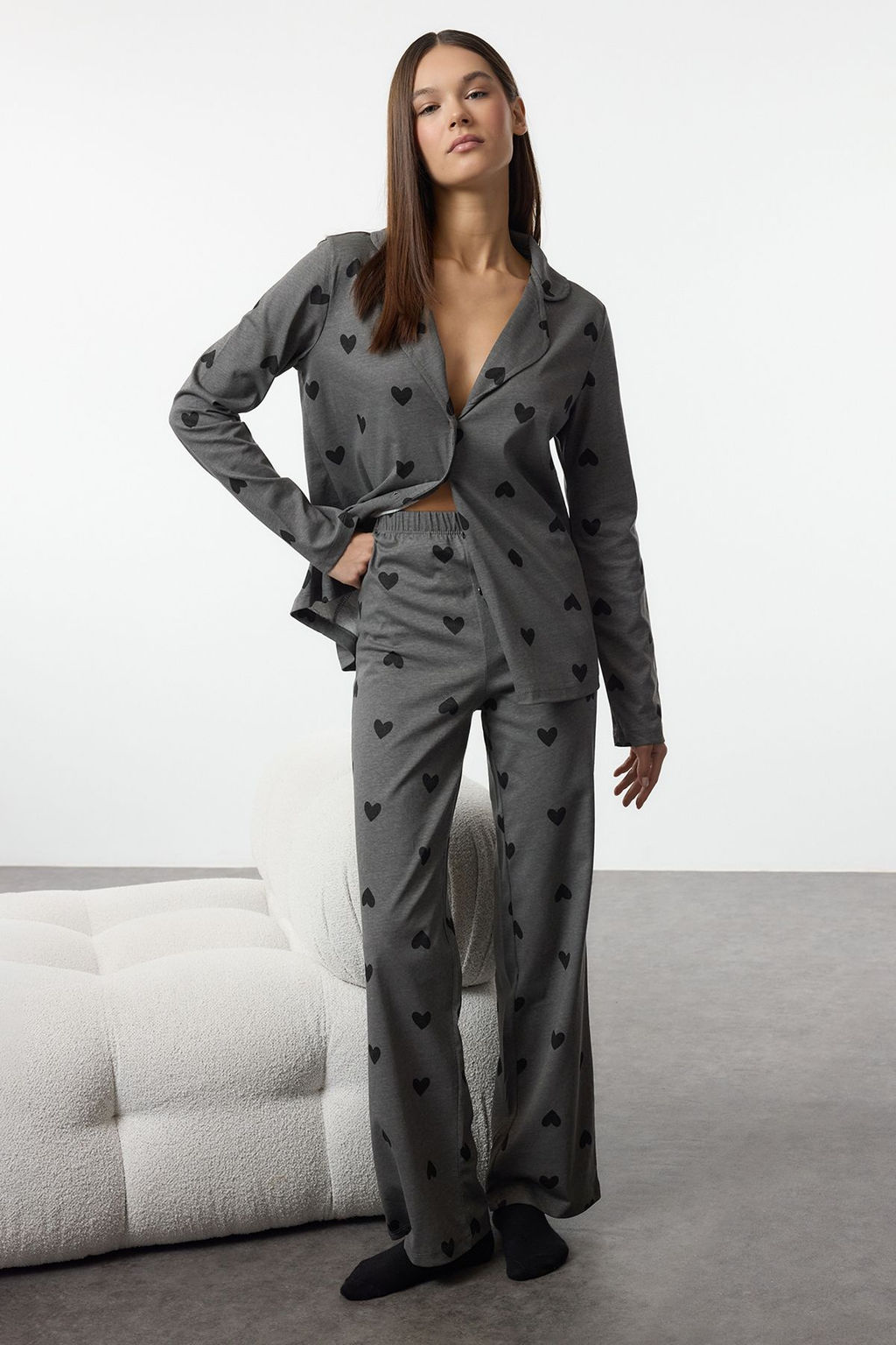 Gri %100 Pamuklu Kalp Desenli Orme Pijama Tak?m? THMAW21PT0548