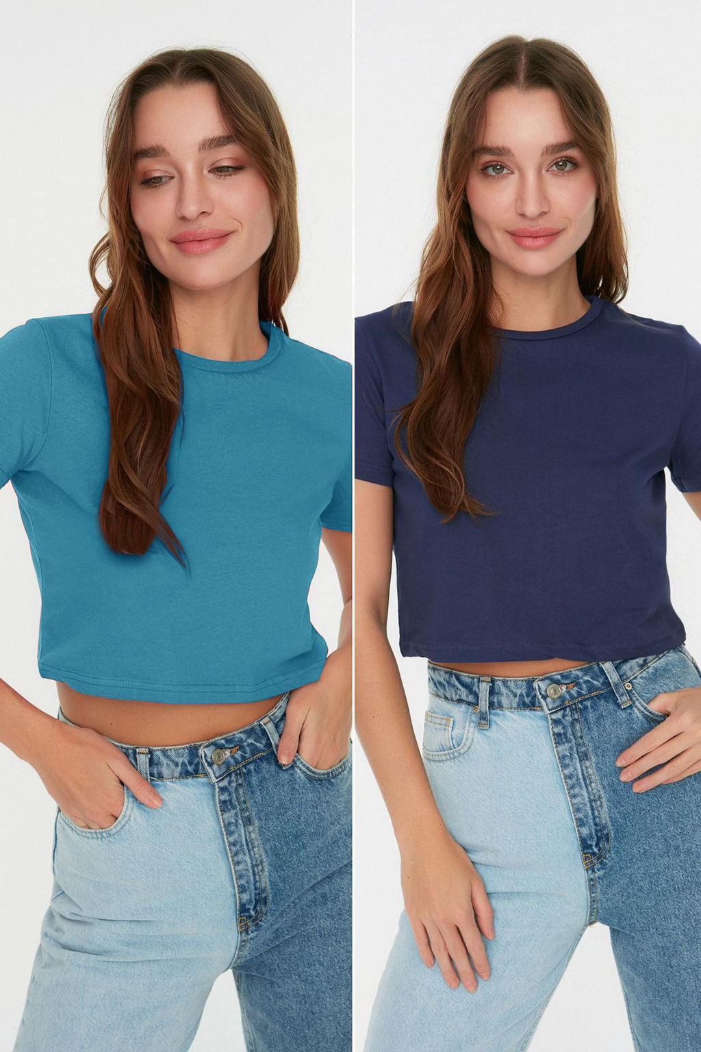 Lacivert-Turkuaz 2li Paket %100 Pamuk Crop Bisiklet Yaka Orme T-Shirt TWOSS20TS1480