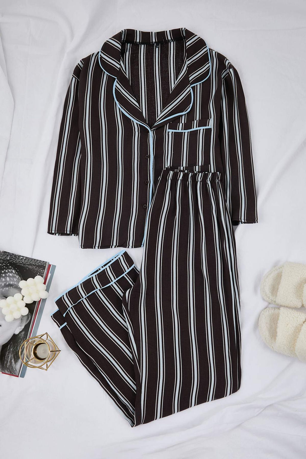 Kahverengi-Mavi Cizgili Biyeli Viskon Dokuma Pijama Tak?m? THMAW21PT0292