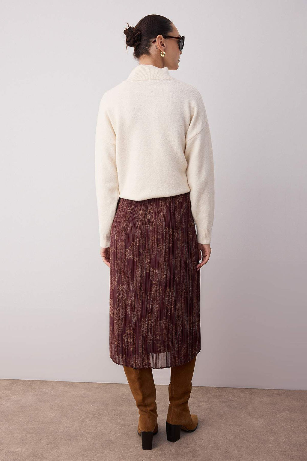 Bordo Sal Desenli Piliseli Sifon Dokuma Midi Etek TWOAW26ET00041 - Trendyolmilla фото 4