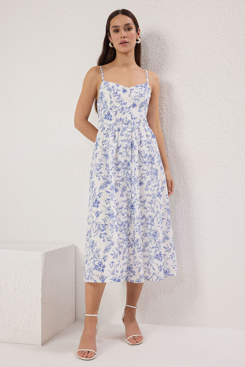 TRENDYOLMILLA Ekru Cicekli A Kesim Astarl? Midi Dokuma Elbise TWOSS25EL00524  фото 5