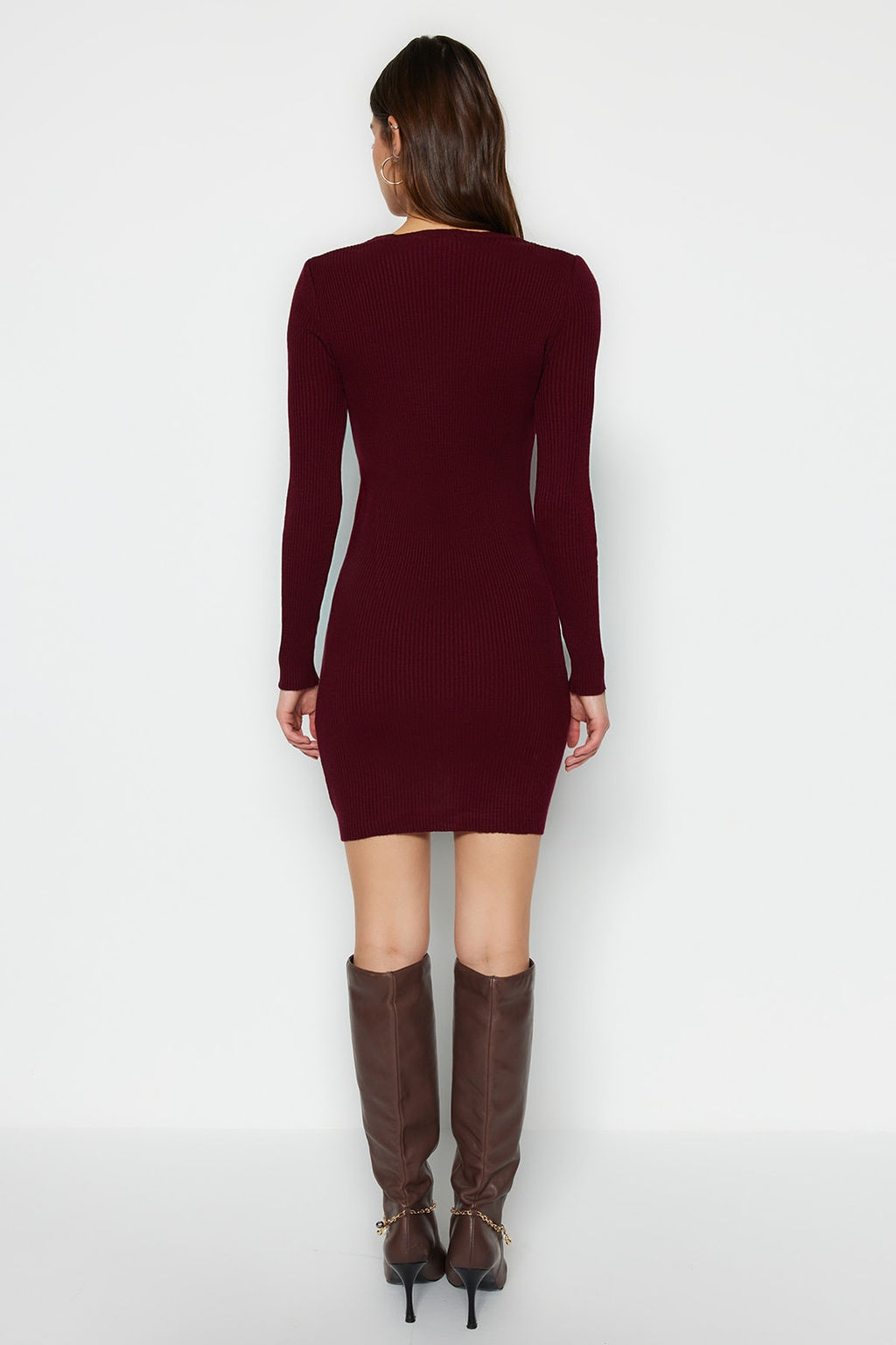 Bordo Mini Triko Buzgu Detayl? Elbise TWOAW23EL00443